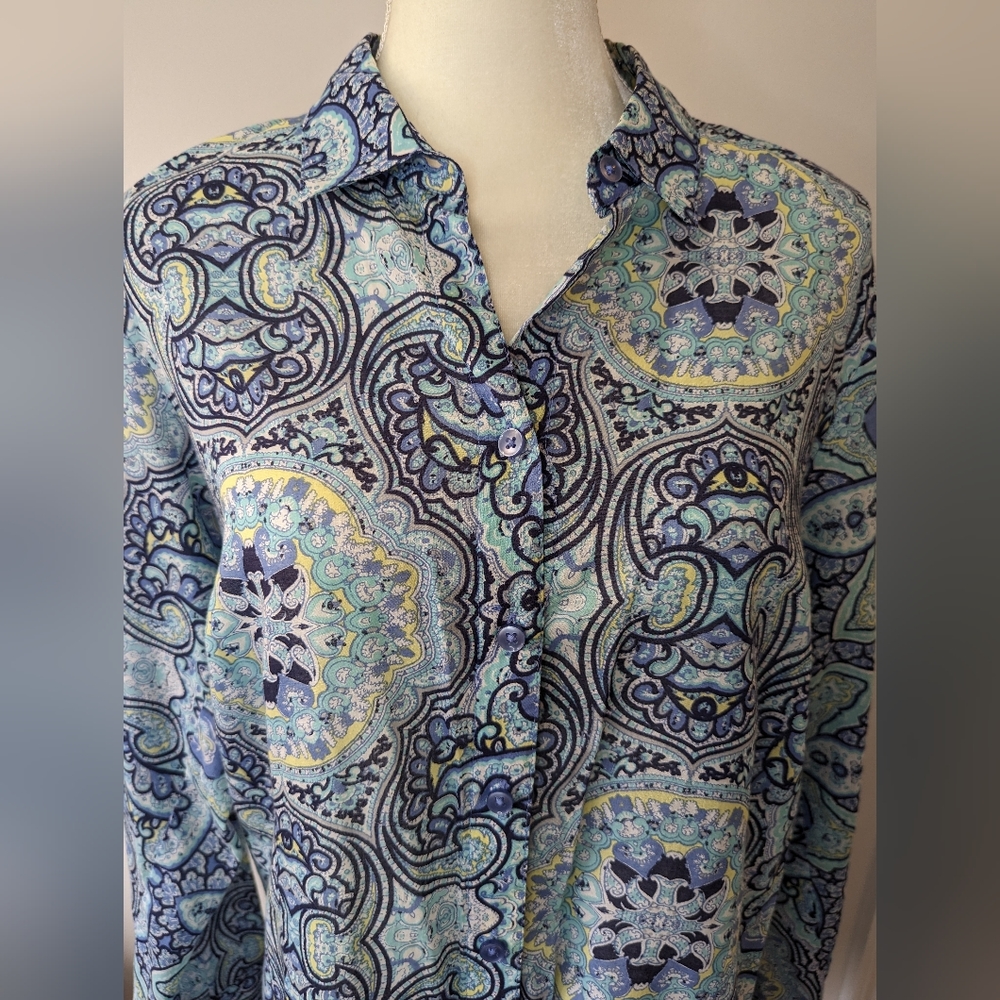 Coldwater Creek Women's blue Paisley button up blouse top Sz XL 16